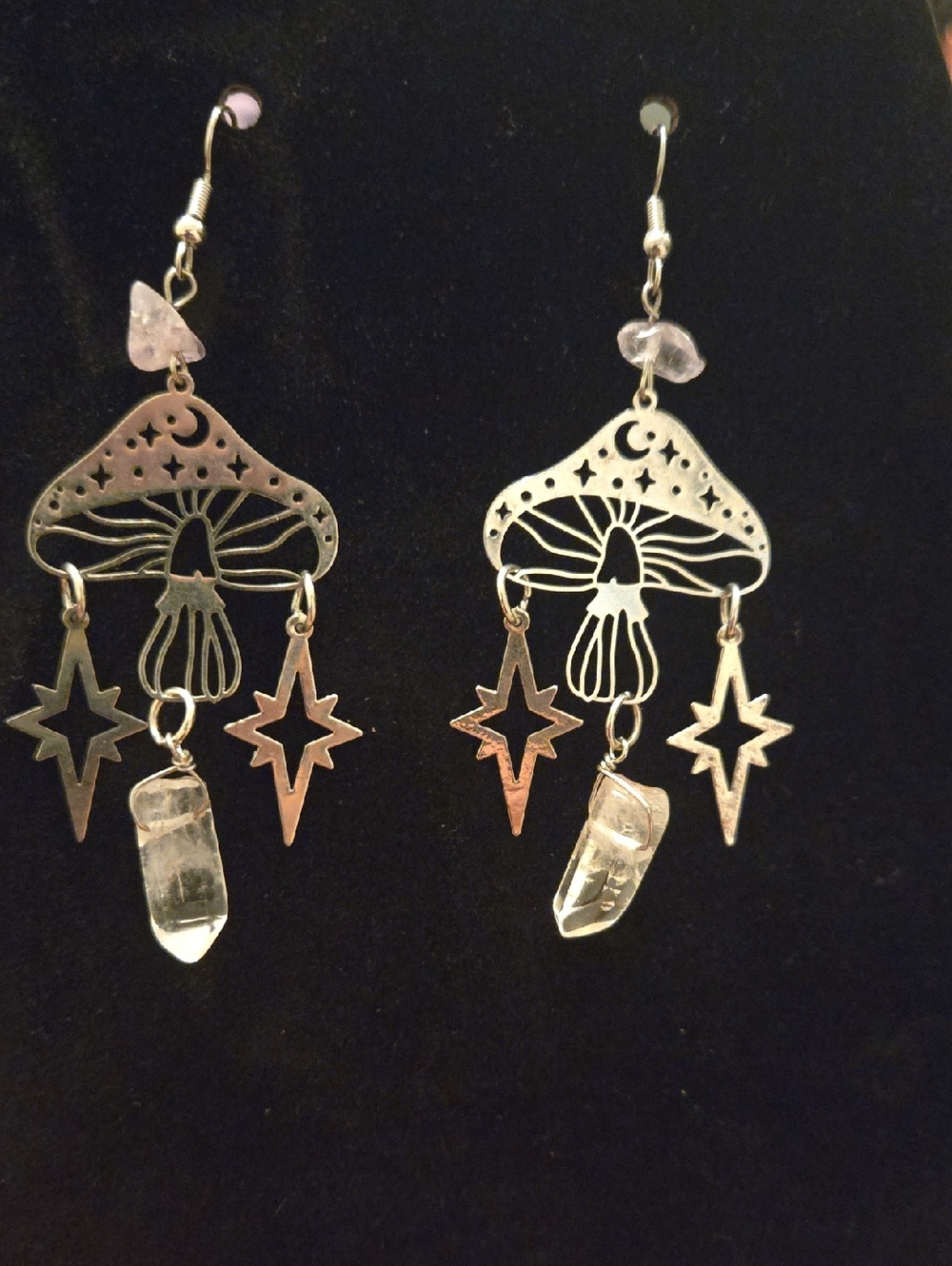 Mushroom & Star Dangle Earrings with Clear Crystal